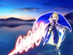  1girl armor avalon_(fate/stay_night) blonde_hair breastplate cape energy_weapon fate/stay_night fate_(series) fur-trimmed_cape green_eyes highres reflection saber short_hair solo standing standing_on_liquid type-moon water weapon yuu_(4884411) 