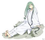  1boy androgynous arm_at_side bangs barefoot closed_mouth enkidu_(fate/strange_fake) fate/strange_fake fate_(series) full_body grass green_eyes green_hair head_tilt hood hood_down light_smile long_hair long_sleeves looking_away looking_to_the_side looking_up male_focus robe rururara signature sitting smile solo white_background wide_sleeves 