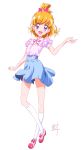  1girl :d asahina_mirai blonde_hair blue_skirt eyebrows eyebrows_visible_through_hair highres looking_at_viewer mahou_girls_precure! nii_manabu open_mouth precure puffy_sleeves short_hair simple_background skirt smile socks solo standing violet_eyes white_background 