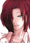  1girl aozaki_touko black_gloves blue_eyes collarbone dyolf earrings gloves grin hair_intakes hair_over_one_eye hand_on_own_face jewelry kara_no_kyoukai looking_at_viewer portrait redhead revision short_hair smile solo white_background 