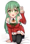  000_(jicasoe) 1girl :d absurdres all_fours arm_warmers ascot bare_shoulders blush boots bow breasts christmas_tree_hair_ornament cleavage collarbone detached_collar dress fur_trim gesture green_bow green_eyes green_hair hair_ornament hairclip highres kantai_collection long_hair looking_at_viewer open_mouth red_dress santa_costume short_dress simple_background sleeves_past_wrists smile solo strapless strapless_dress suzuya_(kantai_collection) thigh-highs thigh_boots white_background 