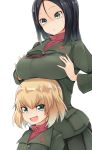 2girls amai_nekuta bangs black_hair black_skirt blonde_hair blue_eyes breast_rest breasts cellphone closed_mouth fang girls_und_panzer green_jacket highres jacket katyusha large_breasts long_hair long_sleeves looking_at_another looking_at_viewer multiple_girls nonna open_mouth phone pleated_skirt red_shirt school_uniform shirt short_hair simple_background skirt smartphone smile standing sweatdrop swept_bangs tawawa_challenge turtleneck white_background 