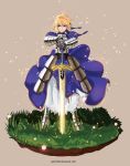  1girl ahoge armor armored_dress blonde_hair excalibur fate/stay_night fate_(series) grass green_eyes grey_background highres planted_sword planted_weapon saber solo spiz sword type-moon watermark weapon web_address 