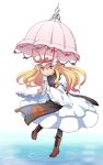  1girl blonde_hair boots bow dress frilled_dress frilled_sleeves frills hair_tie haniwa_(leaf_garden) hat hat_bow highres holding holding_umbrella long_hair long_sleeves looking_at_viewer mob_cap pantyhose red_eyes sidelocks smile solo standing standing_on_liquid touhou umbrella water wide_sleeves yakumo_yukari yin_yang younger 