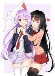  2girls :d ;d ^_^ adapted_costume animal_ears bangs black_hair black_legwear blazer blunt_bangs blush bow bowtie cardigan closed_eyes cowboy_shot dress_shirt heart houraisan_kaguya hug hug_from_behind jacket long_hair long_sleeves looking_at_viewer miniskirt multiple_girls necktie one_eye_closed open_blazer open_clothes open_jacket open_mouth purple_hair rabbit_ears red_bow red_bowtie red_eyes red_necktie red_skirt reisen_udongein_inaba shirt skirt smile teeth thigh-highs touhou very_long_hair white_legwear white_shirt white_skirt xialuluo_(sharuro) 