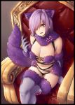  absurdres animal_ears breasts cat_ears cat_tail cleavage fate/grand_order fate_(series) hair_over_one_eye highres large_breasts navel purple_hair rico_(game00985) shielder_(fate/grand_order) short_hair sitting smile tail thigh-highs throne violet_eyes 