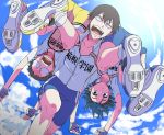  3boys :o arakita_yasutomo black_hair blue_eyes blue_hair carrying_over_shoulder clouds collarbone fingerless_gloves glasses gloves highres jersey kyakya male_focus manami_sangaku multiple_boys onoda_sakamichi open_mouth short_hair shorts sky sportswear upside-down yowamushi_pedal 