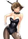  1girl ;d bangs bare_arms bare_shoulders black_leotard blush breasts brown_hair brown_legwear cleavage collar contrapposto eyebrows eyebrows_visible_through_hair gloves green_eyes hand_on_hip hand_on_thigh head_tilt headgear highres kantai_collection large_breasts leotard looking_at_viewer mutsu_(kantai_collection) one_eye_closed open_mouth pantyhose shiny shiny_skin short_hair simple_background smile solo standing strapless strapless_leotard wa_(genryusui) white_background white_gloves 