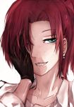  1girl aozaki_touko black_gloves blue_eyes collarbone dyolf earrings gloves grin hair_intakes hair_over_one_eye hand_on_own_face jewelry kara_no_kyoukai looking_at_viewer portrait redhead short_hair smile solo white_background 