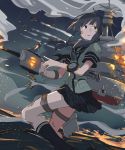  &gt;:o 1girl :o absurdres aircraft airplane black_hair braid commentary_request gun highres kantai_collection kitakami_(kantai_collection) long_hair machinery night parted_lips pleated_skirt sketch skirt solo standing standing_on_liquid sy-l-via weapon 