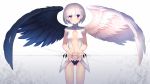  1girl angel_wings ass_visible_through_thighs asymmetrical_wings black_panties blush breasts center_opening closed_mouth cowboy_shot feathered_wings heterochromia highres kumashou_(nabeyama_kaidou) lavender_eyes looking_at_viewer navel original panties revealing_clothes short_hair short_sleeves silver_hair small_breasts smile solo stomach underwear violet_eyes wings 