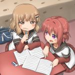  2girls akaza_akari bag blonde_hair dokka_no_kuni_no_kokuou double_bun hair_bun hair_ornament hairclip handbag homework multiple_girls oomuro_sakurako paw_print pen redhead school_uniform serafuku yuru_yuri 