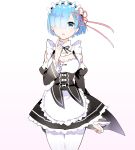  1girl blue_eyes blue_hair breasts detached_sleeves dress gradient gradient_background hair_ornament hair_over_one_eye hair_ribbon headdress looking_at_viewer maid medium_breasts mosu2 re:zero_kara_hajimeru_isekai_seikatsu rem_(re:zero) ribbon short_hair simple_background solo standing white_legwear x_hair_ornament 