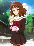  1girl absurdres araragikoyomis brown_eyes brown_hair brown_shirt brown_skirt handkerchief hibike!_euphonium highres holding long_hair official_style open_mouth oumae_kumiko outdoors pleated_skirt school_uniform serafuku shirt skirt solo tree 