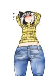  1girl alternate_costume arms_behind_head arms_up bangs black_bow blue_eyes blunt_bangs blush bow breasts contemporary crim0718 denim flying_sweatdrops from_below grey_hair hair_ribbon highres hips iori_rinko iori_rinko_(cosplay) jeans konpaku_youmu looking_at_viewer navel pants ribbed_shirt ribbon shirt shirt_lift simple_background small_breasts solo thong touhou white_background 