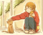  1girl ^_^ brown_hair cat cellphone closed_eyes commentary_request denim jacket jeans koizumi_hanayo long_sleeves love_live! love_live!_school_idol_project pants pants_rolled_up petting phone red_jacket sakutarou_(saku_suguitar) shirt shoes short_hair smartphone smile sneakers solo squatting striped striped_shirt wall white_shoes 