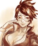  1girl bomber_jacket breasts cleavage collarbone gloves goggles jacket lips looking_at_viewer luffie marker_(medium) medium_breasts monochrome no_bra nose open_clothes open_jacket overwatch portrait short_hair smile solo spiky_hair tracer_(overwatch) traditional_media twitter_username 