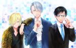  3boys black_hair blonde_hair blue-framed_eyewear blue_eyes blush brown_eyes cravat glasses hair_over_one_eye highres jewelry katsuki_yuuri kisaragi_mizu leopard_print multiple_boys necklace necktie one_eye_closed silver_hair viktor_nikiforov yuri!!!_on_ice yuri_plisetsky 