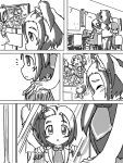  comic costume hair_bobbles hair_ornament highres idolmaster idolmaster_cinderella_girls monochrome multiple_girls opapyon reflection ryuuzaki_kaoru sasaki_chie short_hair side_ponytail silver_hair sitting tears wakiyama_tamami yanase_miyuki 