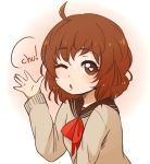  1girl ahoge brown_hair catmouth character_request heart heart-shaped_pupils looking_at_viewer one_eye_closed open_mouth symbol-shaped_pupils 