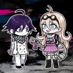  1boy 1girl arms_behind_back blonde_hair blue_eyes boots checkered checkered_scarf chibi dangan_ronpa fanta garters goggles goggles_on_head iruma_miu long_hair lowres mechanical_arm new_dangan_ronpa_v3 ouma_kokichi purple_hair scarf school_uniform serafuku shimada_(dmisx) short_hair smile violet_eyes 