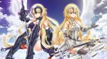  2girls armor armored_dress blonde_hair blue_eyes boots breasts chain cleavage cross_akiha dual_persona elbow_gloves fate/grand_order fate_(series) forehead_protector gauntlets gloves headpiece jeanne_alter large_breasts long_hair multiple_girls petals ruler_(fate/apocrypha) scabbard sheath sitting smile sword thigh-highs thigh_boots very_long_hair weapon yellow_eyes 