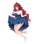  1girl breasts cleavage dress elbow_gloves full_body gloves hair_ornament highres jewelry kisaragi_setsuna kure_masahiro large_breasts long_hair necklace official_art open_mouth pumps red_eyes redhead shoes simple_background skirt skirt_lift solo valkyrie_drive valkyrie_drive_-siren- white_gloves white_shoes 