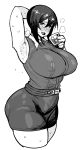  1girl arm_up armpits belt breasts curvy highres huge_breasts long_hair monochrome simple_background skirt solo synecdoche thick_thighs thighs white_background 