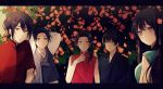  1girl 4boys ahoge arms_behind_head axis_powers_hetalia black_hair brown_eyes china_(hetalia) chinese_clothes flower hair_flower hair_ornament hong_kong_(hetalia) japan_(hetalia) japanese_clothes korea_(hetalia) korean_clothes looking_back multiple_boys petals ponytail smile taiwan_(hetalia) yori_(y_rsy) 