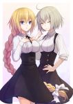  2girls ;( ahoge alternate_costume black_ribbon blonde_hair blue_eyes bow braid breasts closed_mouth collared_shirt cowboy_shot dual_persona fate/grand_order fate_(series) hair_bow hand_on_hip highres jeanne_alter jh long_hair long_sleeves looking_at_viewer medium_breasts multiple_girls neck_ribbon parted_lips ribbon ruler_(fate/apocrypha) shirt short_hair silver_hair single_braid very_long_hair virgin_killer_outfit white_background white_bow white_shirt yellow_eyes 