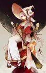  1girl arm_support broom earrings flower food fruit geta hat hat_flower head_tilt japanese_clothes jewelry kimono long_hair looking_at_viewer looking_to_the_side low-tied_long_hair muted_color obi original pale_skin red_eyes sash shawl signature sitting smile solo tabi tsubaki_(teatime0) white_hair witch witch_hat 