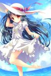  1girl barefoot black_hair dress hat highres long_hair ocean one_leg_raised orange_eyes original outdoors red_ribbon ribbon skirt_hold solo sun_hat totsuka_(kapadaizin) water white_dress white_hat 