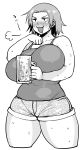  1girl :3 alcohol beer beer_mug breasts curvy highres huge_breasts long_hair monochrome shorts simple_background solo synecdoche thick_thighs thighs white_background 
