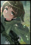  1girl blush bolt_action border brown_hair dappled_sunlight gun hand_on_own_head headset highres looking_at_viewer looking_up military oota_youjo original poncho rifle scope scrunchie short_ponytail sniper sniper_rifle solo sunlight violet_eyes weapon 
