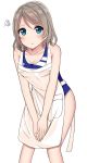  1girl apron bare_arms bare_shoulders blue_eyes brown_hair collarbone commentary_request eyebrows eyebrows_visible_through_hair highres looking_at_viewer love_live! love_live!_sunshine!! mizukoshi_(marumi) school_swimsuit short_hair simple_background solo swimsuit v-arms watanabe_you white_background 
