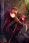  1girl absurdres ass bodysuit breasts fate/grand_order fate_(series) gae_bolg highres holding holding_weapon jeffrey10 long_hair purple_hair red_eyes scathach_(fate/grand_order) smile solo veil weapon 