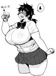  1girl blush breasts closed_eyes curvy drunk freckles heart highres huge_breasts long_hair long_sleeves monochrome simple_background skirt smile solo spoken_heart synecdoche thick_thighs thighs white_background 
