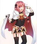  &gt;;d 1boy ;d black_bow black_dress black_legwear black_panties bloom blush bow braid cape cold_(hoshinoskull) cowboy_shot dress eyebrows eyebrows_visible_through_hair fang fate/apocrypha fate/grand_order fate_(series) garter_straps gauntlets hair_bow hair_over_shoulder heart long_hair long_sleeves looking_at_viewer male_focus one_eye_closed open_mouth panties pantyshot pantyshot_(standing) pink_hair rider_of_black short_dress single_braid smile solo standing thigh-highs trap underwear v_over_eye violet_eyes white_background 