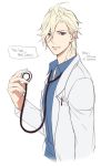  1boy ahoge artist_name blonde_hair blue_eyes blue_shirt character_name collarbone collared_shirt doctor dress_shirt english gearous hand_up holding labcoat long_sleeves looking_at_viewer male_focus mercy_(overwatch) open_mouth overwatch pencil pocket shirt short_hair simple_background speech_bubble stethoscope talking unbuttoned upper_body white_background 