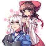  1boy 1girl bow brown_eyes brown_hair choker commentary_request glasses hair_bow hair_tubes hakurei_reimu hakusai_ponzu morichika_rinnosuke open_mouth playing_with_another&#039;s_hair red_bow sidelocks silver_hair touhou wide_sleeves yellow_eyes 