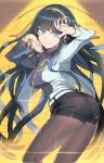  1girl ass black_hair bracelet breasts cleopatra_(fate/grand_order) cow_(shadow) earrings fate/grand_order fate_(series) green_eyes hairband hieroglyphics highres jewelry long_hair pantyhose_under_shorts shorts smile solo 