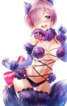  1girl animal_ears black_panties blush breasts breasts_apart contrapposto cowboy_shot elbow_gloves fang fate/grand_order fate_(series) fur-trimmed_gloves fur-trimmed_legwear fur_trim gloves hair_over_one_eye highres lace lace-trimmed_thighhighs large_breasts navel nekodayo22 o-ring o-ring_top open_mouth panties purple_hair red_ribbon ribbon shielder_(fate/grand_order) shiny shiny_hair short_hair solo standing tail thigh-highs underwear violet_eyes white_background wolf_ears wolf_tail 