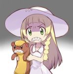 1girl angry blonde_hair clenched_teeth copying dress gradient green_eyes hat holding lillie_(pokemon) long_hair pokemon pokemon_(creature) pokemon_(game) pokemon_sm simple_background solo sukemyon sun_hat sundress teeth yungoos 