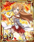  1girl asuna_(sao) brown_eyes brown_hair card_(medium) detached_sleeves holding holding_sword holding_weapon long_hair number open_mouth pleated_skirt red_skirt skirt solo star sword sword_art_online thigh-highs weapon white_legwear 