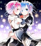  2girls blue_eyes blue_hair blush detached_sleeves dress hair_ornament hair_over_one_eye hair_ribbon headdress hug looking_at_viewer maid mosu2 multiple_girls pink_hair ram_(re:zero) re:zero_kara_hajimeru_isekai_seikatsu red_eyes rem_(re:zero) ribbon short_hair siblings sisters smile twins x_hair_ornament 