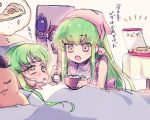  1boy 3girls bed blush c.c. cheese-kun chibi code_geass food green_hair hat lelouch_lamperouge mother_and_daughter multiple_girls pizza sick stuffed_toy yellow_eyes 