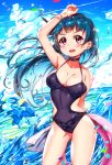  1girl absurdres arm_up armpits bangs black_feathers black_swimsuit blue_hair bow bracelet breasts choker cleavage clouds cloudy_sky confetti earrings feathers hair_feathers halterneck hand_on_own_head highres innertube jewelry joptr06 large_breasts long_hair looking_at_viewer love_live! love_live!_sunshine!! navel ocean one-piece_swimsuit open_mouth side_bun side_cutout sky solo swimsuit tsushima_yoshiko violet_eyes water_drop 