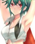  1girl :/ adapted_costume armpits arms_up bare_arms bifrst breasts cape cleavage closed_mouth crop_top green_hair highres large_breasts looking_at_viewer older red_eyes shirt short_hair sideboob sketch sleeveless sleeveless_shirt solo sweat touhou upper_body white_background white_shirt wriggle_nightbug 