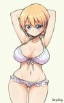  1girl arms_up ass_visible_through_thighs bikini blonde_hair blue_eyes breasts character_name darjeeling frilled_bikini frills front-tie_bikini front-tie_top girls_und_panzer large_breasts navel pas_(paxiti) simple_background smile solo swimsuit white_bikini 