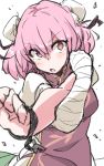  &gt;:o 1girl :o bandaged_arm blush bun_cover chain crossed_arms cuffs double_bun highres ibaraki_kasen looking_at_viewer pink_eyes pink_hair puffy_short_sleeves puffy_sleeves shackles short_hair short_sleeves solo stretch tabard touhou zk_(zk_gundan) 